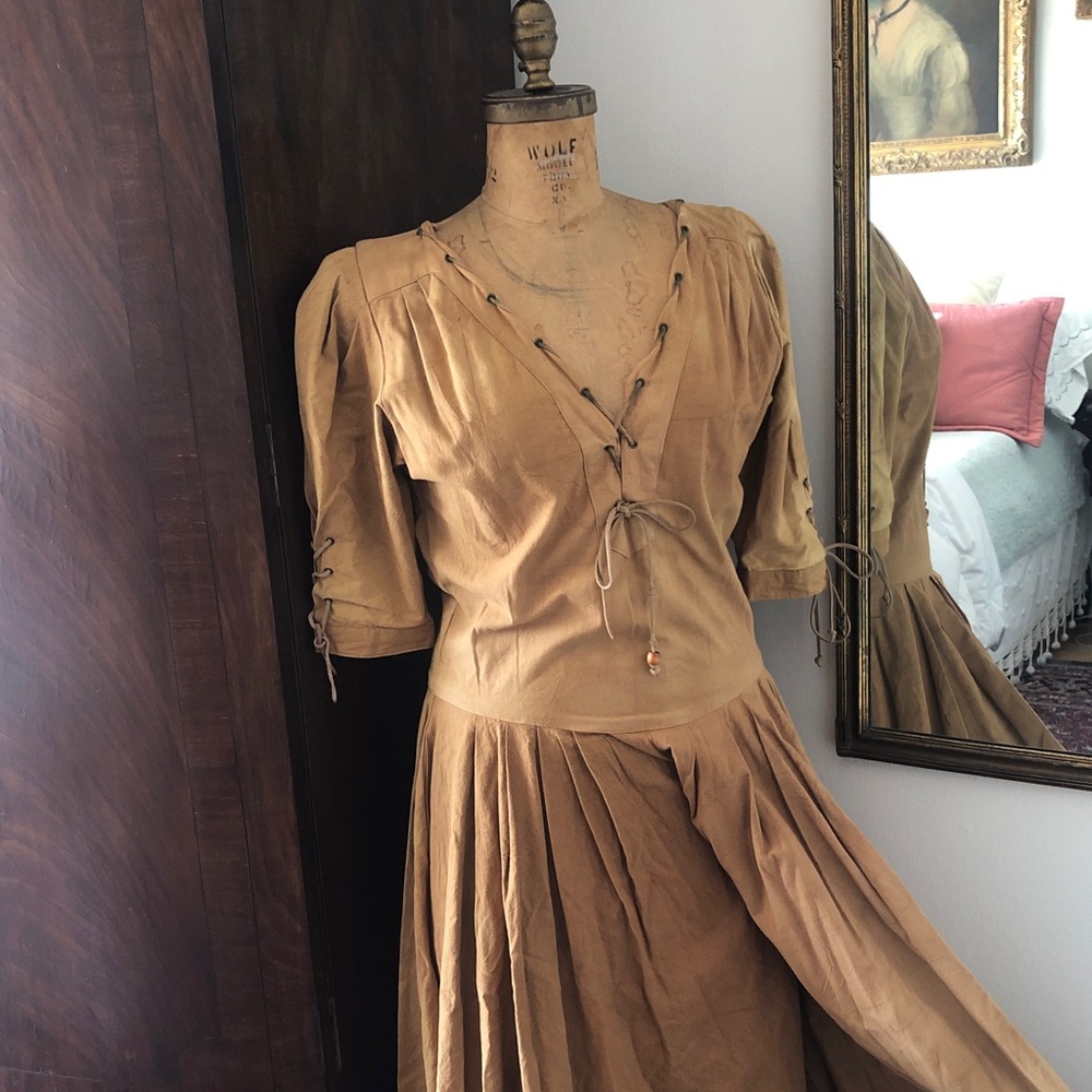 Karen Alexander Vintage Tan Dress with Lace-Up Details